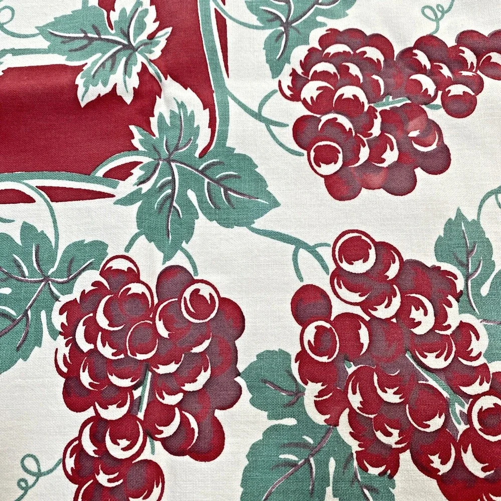 Vintage Mid Century Printed Cotton Tablecloth Red & Mint Green Grapevine Border